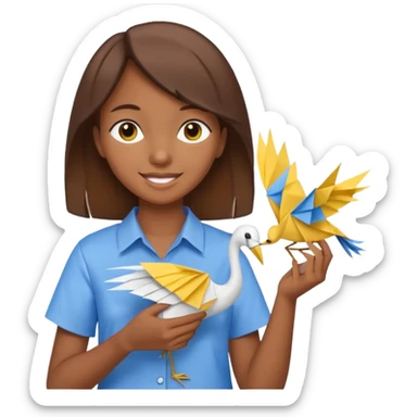 happy-african-young-girl-with-brown-hair-in-a-white-kanga-shirt-holds-an-origami-yellow-and-blue-crane sticker