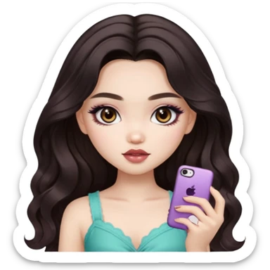 pale skin, girly bratz ASIAN vietnam baddie, beautiful dark brown eyes, pretty makeup, long dark to light ombré colored hair, wavy hair sticker