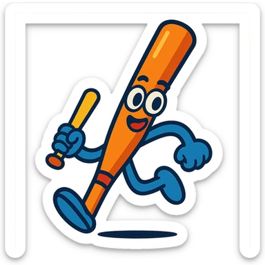 cartoon baseball bat with big eyes, two legs, and one hand gripping a bat, playful and energetic sticker