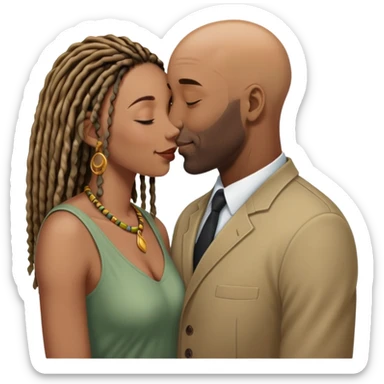 Tall bald black guy kissing the forehead of his short wife who is also black with locs sticker