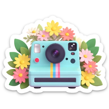 A 3D iOS style illustration of a Polaroid camera with a photo of flowers on top. The camera should have a pastel color scheme with floral decorations. The design should be clean and have a polished look typical of iOS design language. sticker
