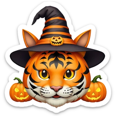 tiger face in Halloween costume with pumpkin and witch hat for Twitch emote sticker