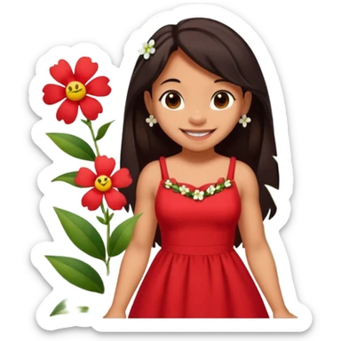 Lilo from Lilo & Stitch wearing a red dress with white flowers, apple style emoji sticker