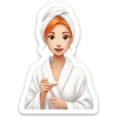 Girl putting cream on face bathroom red orange hair orange brown eyes beautiful face thick eyelashes pink lips gorgeous skinny fair skin white aesthetic tall girl doing skincare cozy robe hair in white towel sticker