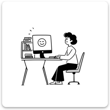 Home office with desk, computer and bookshelf sticker