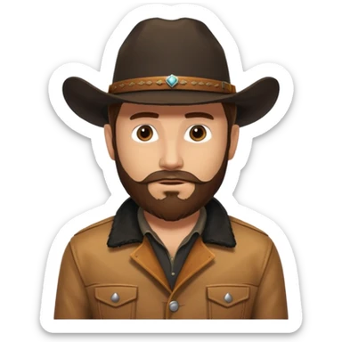 yellowstone ranch cowboy with brown beard, black cowboy hat, black t-shirt, leather tan jacket sticker