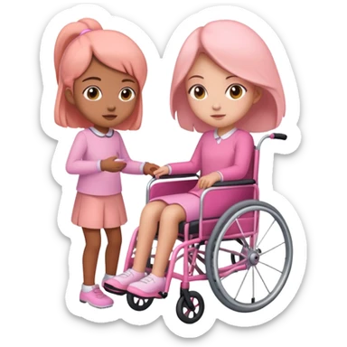 One peach skin sister pushing her light brown skin sister in a pink wheelchair sticker