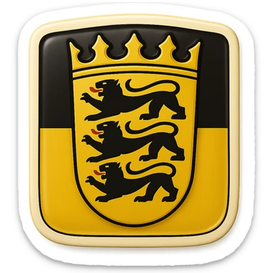 Create an emoji of the Baden-Württemberg coat of arms featuring three black lions and a crown. The style should be less cartoonish and match the retro stickers style similar to the first Berlin icon from the last batch. Use the official Baden-Württemberg flag as the full background. No text included. sticker