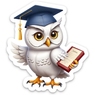 happy white Owl with graduation hat and diploma in claws sticker