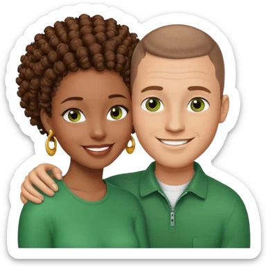 a couple embracing each other. a black woman with curly brown hair and brown eyes, smiling. and a white man with a buzz cut, wearing stud earrings and green eyes, smiling.  sticker