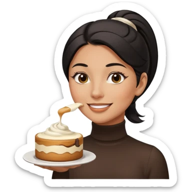  tan skin woman with long face, and short black hair slicked back ponytail with forehead showing, wearing white turtleneck shirt, eating tiramisu smiling with middle parted hair sticker