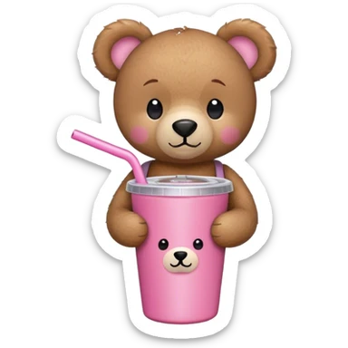 Small, cute brown teddy bear holding a pink colored Stanley tumbler with a small bow straw topper sticker