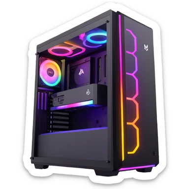 gaming PC modern desktop tower with RGB lights and side window sticker