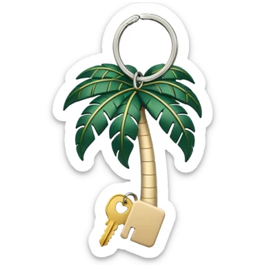 light beige keys with a dark green palm-shaped keychain, emoji style sticker