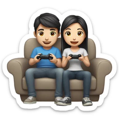 Cute Asian Couple sitting together and having fun playing video games sticker