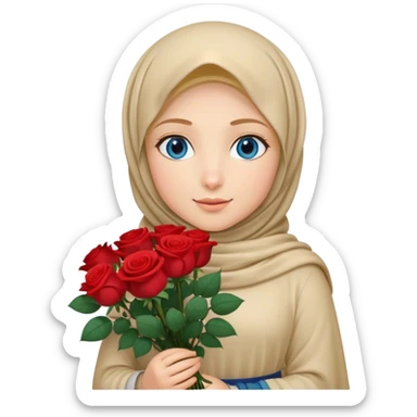 Hijab Girl with blond hair blue eyes beautiful finish and holding a bouquet of roses sticker