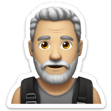 Create a burly man with a trimmed beard, big hairy chest with a black chest strap sticker