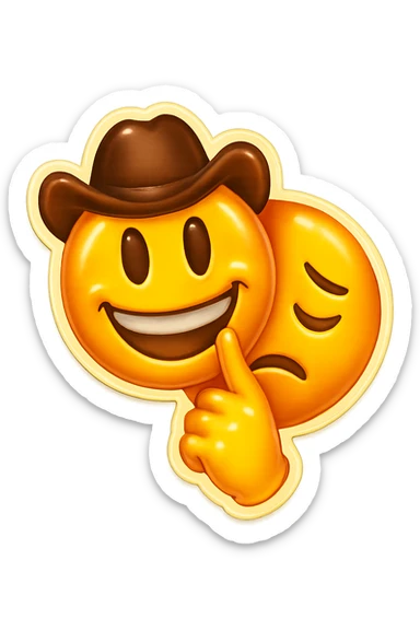 A sad emoji holding a happy face mask in front of its face, mostly hidden behind the happy mask which is held up by a hand. The style is similar to the reference image with clear contrast between the sad and happy expressions, in retro stickers style. sticker