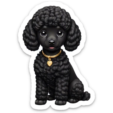 Cinematic Noble Black Poodle Portrait Emoji, Poised and regal, with a refined, elegant build and a meticulously groomed, curly jet-black Fur, deep-set soulful dark eyes, Simplified yet sharp and sophisticated features, highly detailed, glowing with a soft, dignified glow, high shine, intelligent and graceful, stylized with an air of sophistication, focused and attentive, soft glowing outline, capturing the essence of a watchful and confident companion, so majestic it feels as though it could prance out of the screen with effortless authority! sticker