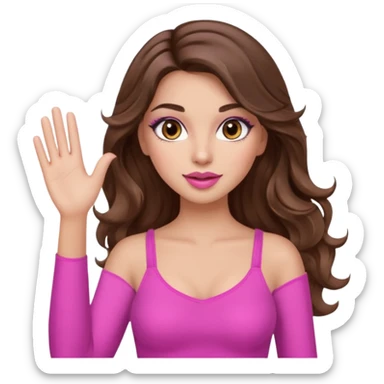 girl with long wavy brown hair, brown eyes, long lashes makeup, sexy pink lips, light to medium complexion, pink sexy top,waving sticker