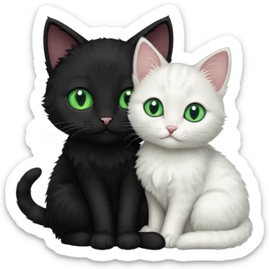 Black cat with green eyes cuddling next to small white kitten with blue eyes  sticker