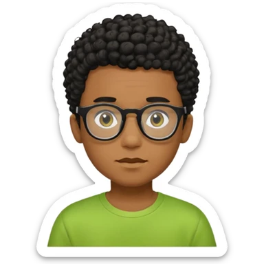 Menino pardo com cabelo curto cacheado preto raspado dos lados, de óculos preto quadrado e blusa verde e amarela sticker