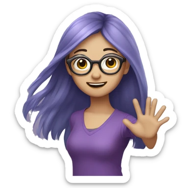 asian girl with long purple hair and glasses waving her hand  sticker