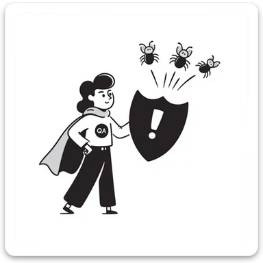 QA engineer superhero with cape and bug shield sticker