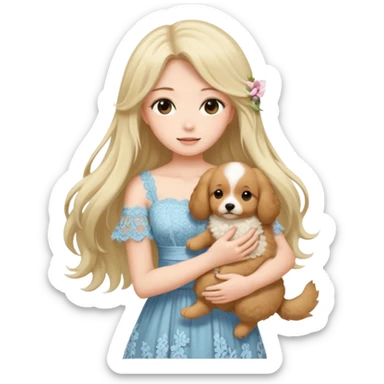 Pastel anime lady long hair with long lace dress full body holding puppy sticker