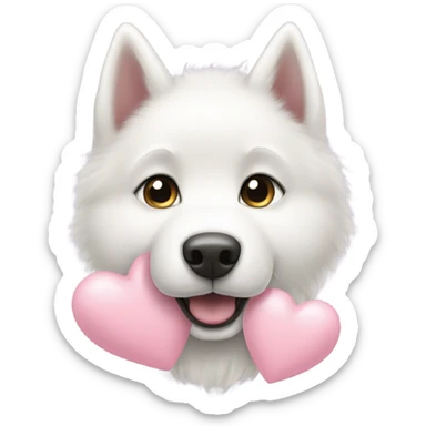White husky puppy with large light pink heart sticker