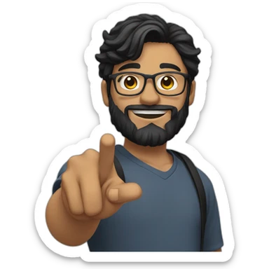 A young man points his finger forward with black hair, a beard, and glasses sticker