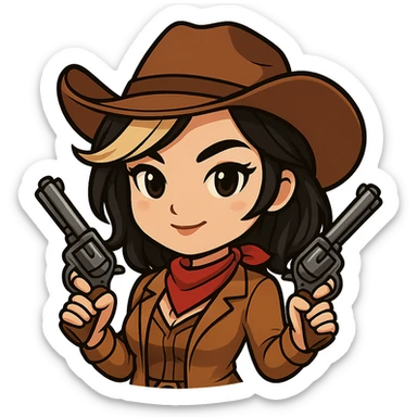 Edit this chibi cowgirl to have slightly longer hair with a visible blonde streak. Keep the cowboy hat, western outfit, two revolvers, confident pose, and chibi/anime style. Transparent background, sized for Twitch or Discord use. sticker