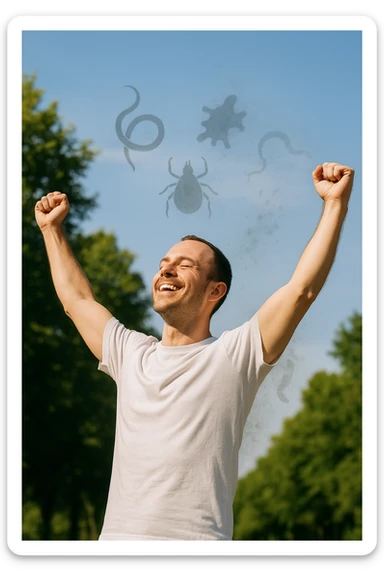 a man stands outdoors in bright sunlight, arms raised in relief and joy, while faint, shadowy silhouettes of parasites fall away from his body and dissolve into the air. His posture is upright and energetic, his expression serene and healthy. The background features green trees and a clear sky, emphasizing liberation and restored well-being. sticker