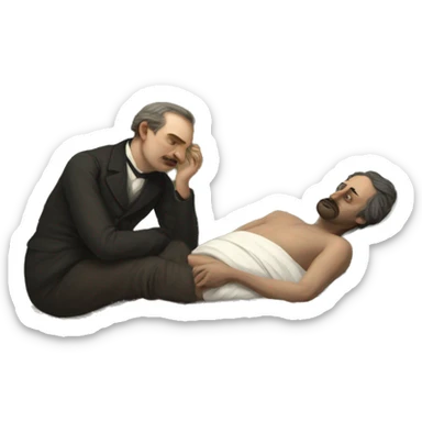 A sick man on a bed in 1870 sticker