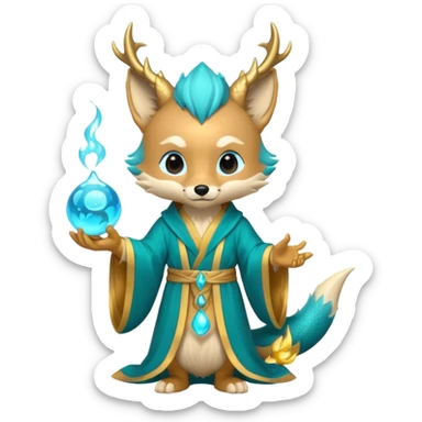 Chibi teal fox with gold mark on forehead, teal-gold robe, holding glowing blue water orbs, with dragon tail on its backside with small antler horns on its head sticker