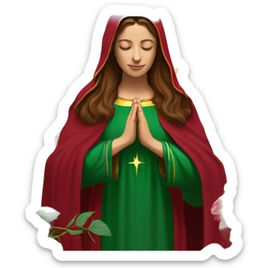 Virgin Mary: kind face looking down at the left, long brown hair, Wearing an emerald green  robe with gold stars and a burgundy red dress,  Hands in prayer or blessing. Halo around her head. standing in front of a big sun. colorful roses on the sides  sticker
