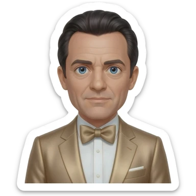 Oliver Reed with blue eyes, black hair, tan metallic suit with bow tie sticker