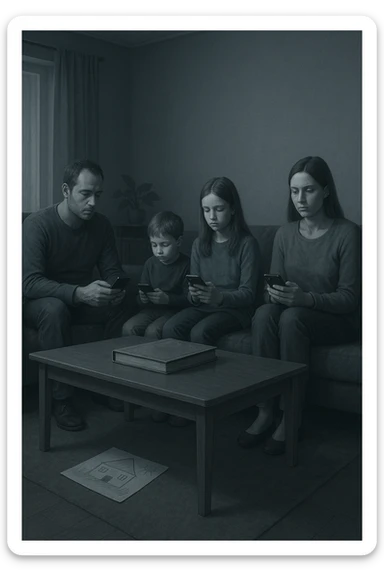 Famiglia composta da padre, madre e uno o due figli seduti nello stesso ambiente domestico (salotto o tavola da pranzo), ma ciascuno è assorto nei propri pensieri, con espressioni spente e distaccate. Nessuno si guarda o sorride. I colori dell’ambiente sono freddi e grigi, la luce è debole. Intorno a loro, simboli di disconnessione: telefoni in mano, TV accesa ma ignorata, silenzio. L’atmosfera è visivamente carente di calore emotivo. Nessun contatto fisico, postura rigida. Un dettaglio visivo come un album di foto chiuso sul tavolo o un disegno dei figli dimenticato sul pavimento accentua la mancanza di dolcezza e unione sticker