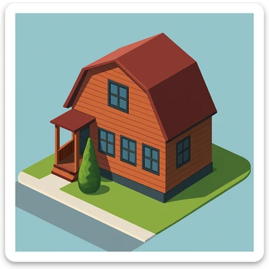 isometric illustration of the building. 3D isometric infographic design. Clean lines, bright and saturated colors, minimal unnecessary details. View from above at an angle (isometric), showing the roof, facade, and part of the surrounding area. Soft shadows, daylight lighting, no harsh contrasts. Background should be solid (blue, gray, or light tone). Add a small area around the building (roads, tiles, grass) so the building looks complete. Accurately represent the architectural features of the building (roof shape, facade, colors). Final style should be neat and polished, similar to posters or educational infographics. sticker