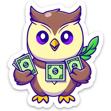 cute owl character symbolizing wealth luck, large green eyes, sparkling golden feathers, holding a money pouch in its feet, pastel tones, charming sticker style sticker