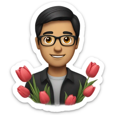 A man with glasses and black hair holding tulips sticker