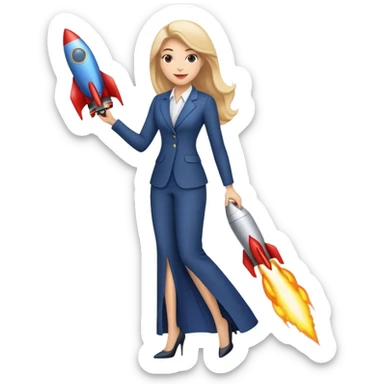 a businesswoman riding a rocket. the rocket looks exactly like the ios rocket emoji. the woman is wearing long dress pants  sticker
