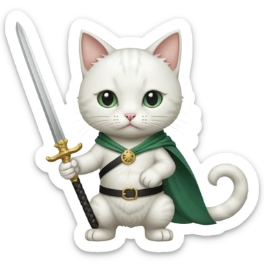 un gato blanco con reeferencia a rororoa zoro "una espada en cada mano y una en la boca" sticker