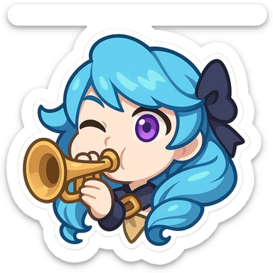 chibi style emote of Gwen from League of Legends, just the head, right eye purple, playing a trumpet, cheeks puffed sticker