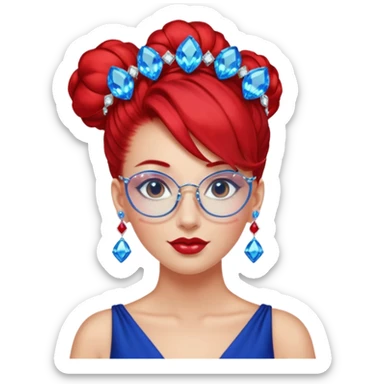gem lover woman with gem accessories excessive amount gem glassess very big gem earrings red bun hair and redbluediamonds sticker