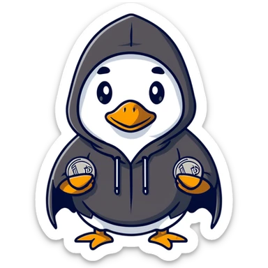 A cool duck wearing a black hooded cloak holding a silver coin sticker