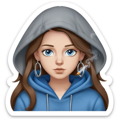 Long brown hair, blue eyes, grey hooded jumper, big silver hooped earrings, smoking sticker