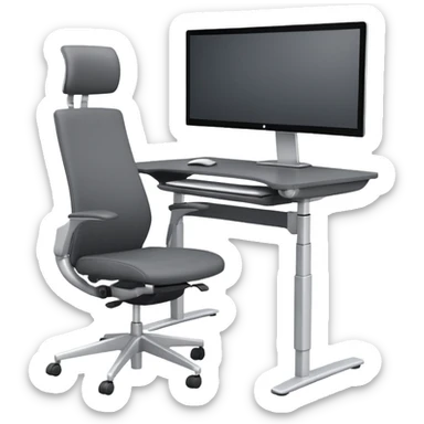 3D minimal icon of a wide height-adjustable motion desk with dual monitors and a modern ergonomic office chair, with a subtle accent in #FF3D00. Clean and high-end style. sticker