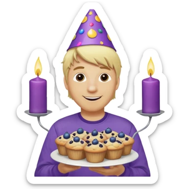 Man with blonde hair wearing purple shirt and a party hat holding several blueberry muffins either candles in them  sticker