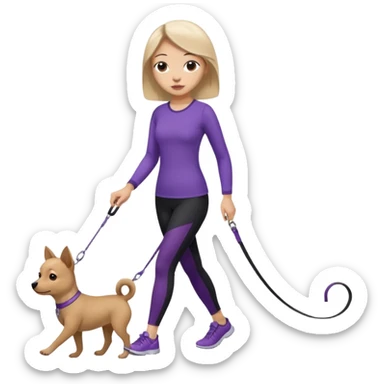 Chinese woman wearing purple top and black leggings walking 1 small brown dog sticker